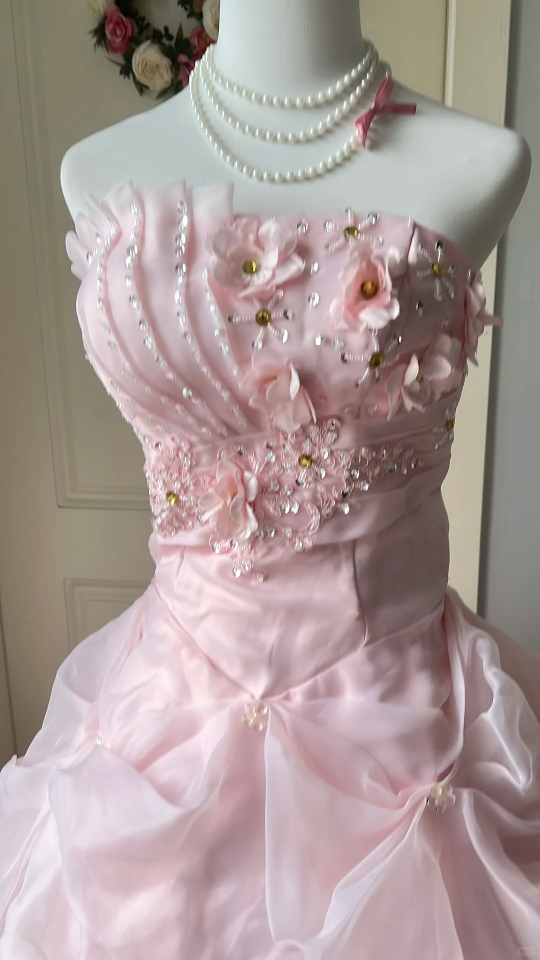 Glamorous Pink Strapless Floral Applique Lace Trim Sweet 15 Quinceanera Ball Gown TP5829