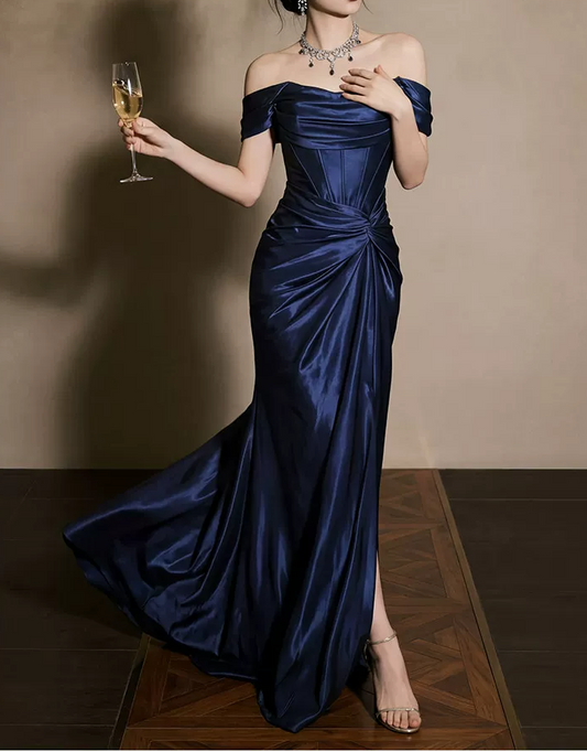 Vintage Navy Blue Off-the-Shoulder Satin Mermaid Long Evening Gown TP5877