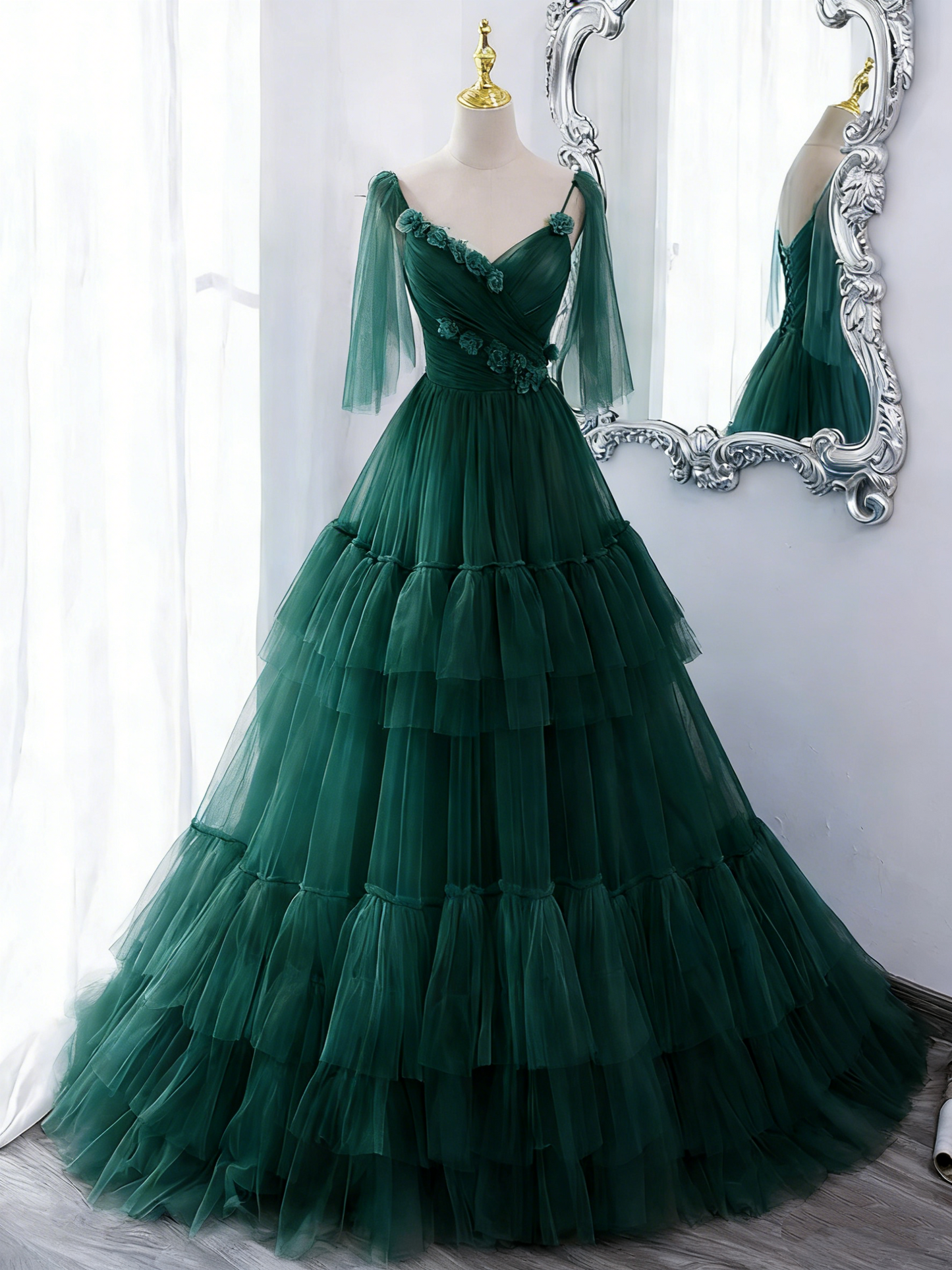 Glamorous Light Blue Tiered Tulle Spaghetti Straps 3D Rose Sweet 15 Quinceanera Ball Gown TP5484