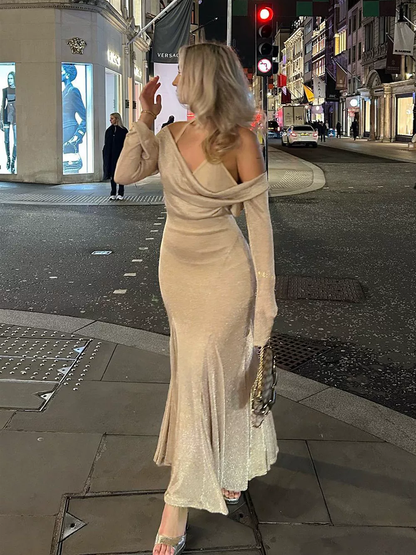 Vintage Champagne Cowl Neck Long Sleeve Maxi Prom Dress Sheer Mesh Mermaid Evening Gown TP5769