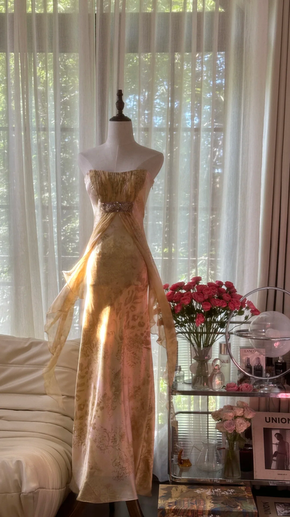 Retro Golden Strapless Floral Elegant Design A-line Beaded Romantic Chiffon Evening Dress Prom Dress TP4004