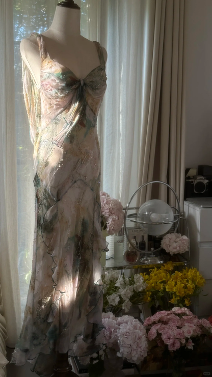 Vintage Sparkling Spaghetti Strap Backless Sweetheart Design Romantic Chiffon Evening Dress Prom Dress TP3993