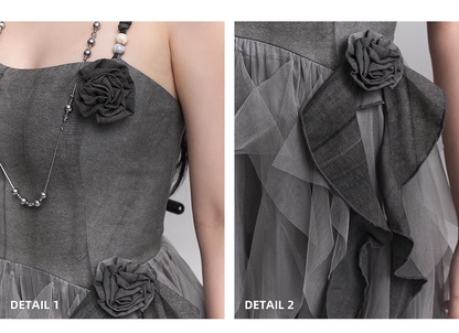 Simple Fashion Gray Rose Flower Design Women Spaghetti Strap Dress TP2943