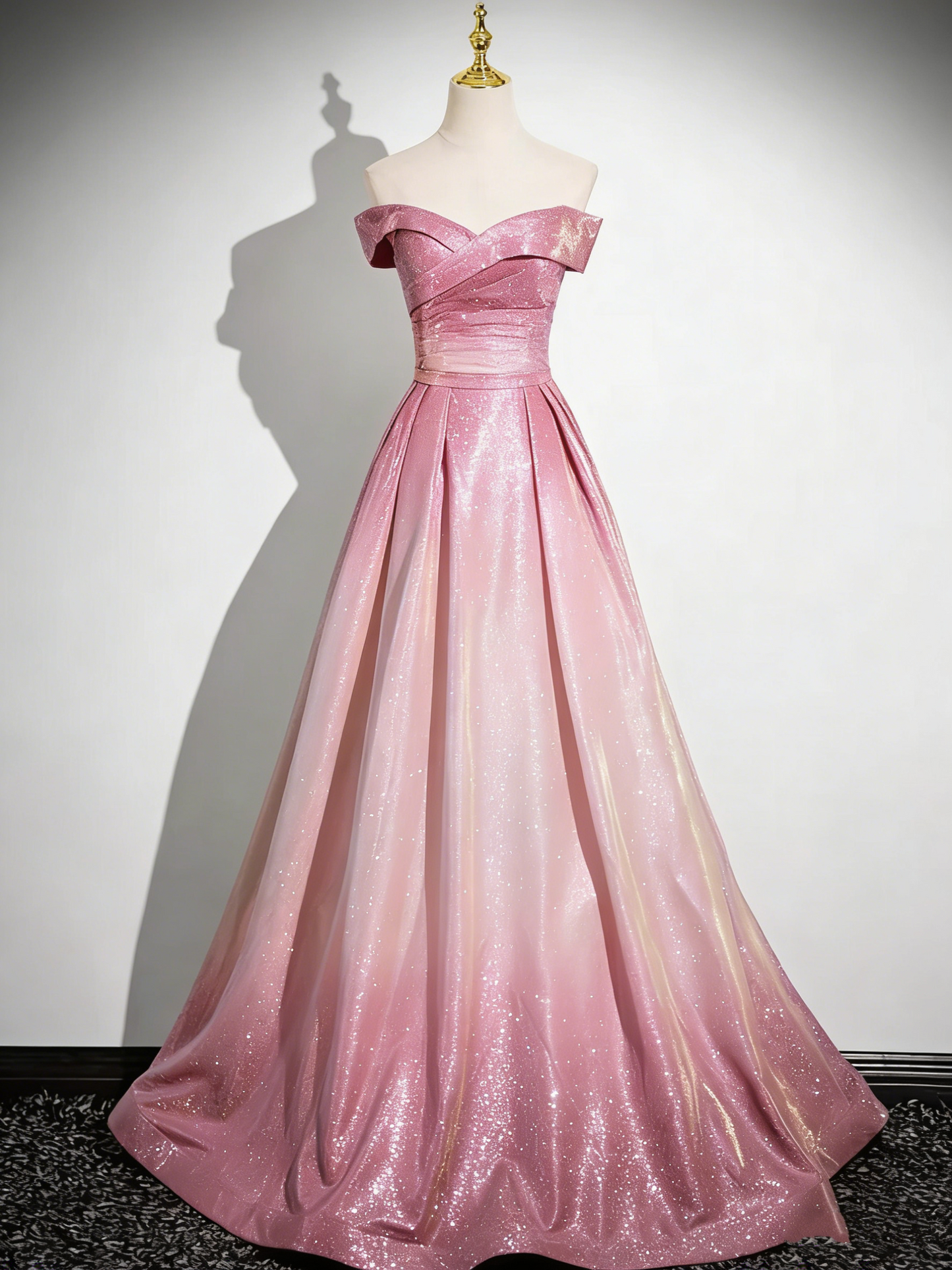 Glamorous Off-the-Shoulder A-Line Shimmering Iridescent Satin Formal Gown Ruched Prom Dress TP115