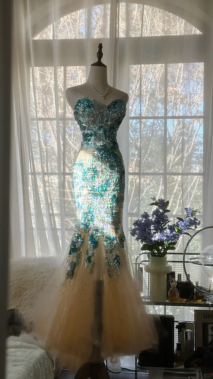 Gorgeous Mermaid Blue-green Sparkling Strapless Elegant Beaded Chiffon Evening Dress Prom Dress TP3976