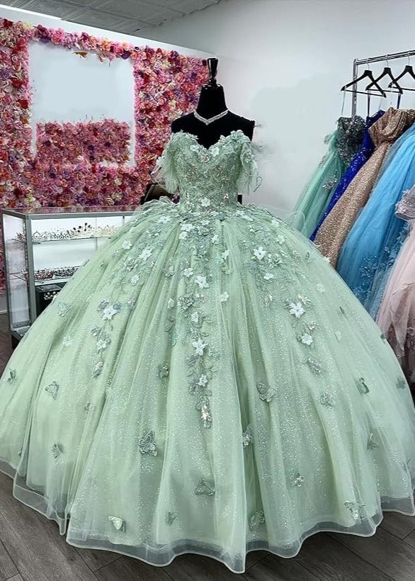 Gorgeous Sage Green Applique Sweetheart Off-the-shoulder Sweet 16 Quinceanera A-Line Floor-length Prom Dress Evening Dress Ball Gown TP4396