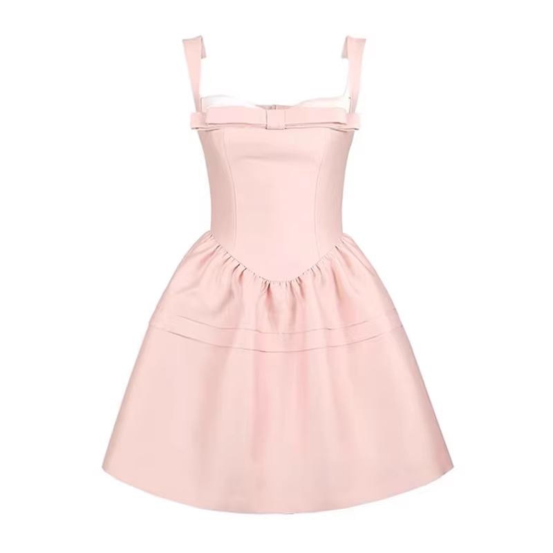 New Simple Pink Bow Design A-line Sleeveless Spaghetti Strap Dress TP3276