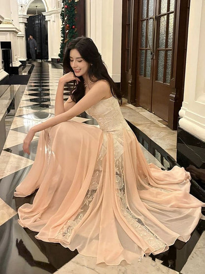 Vintage Lace A-Line Formal Prom Dress Sheer Chiffon Evening Gown TP5805