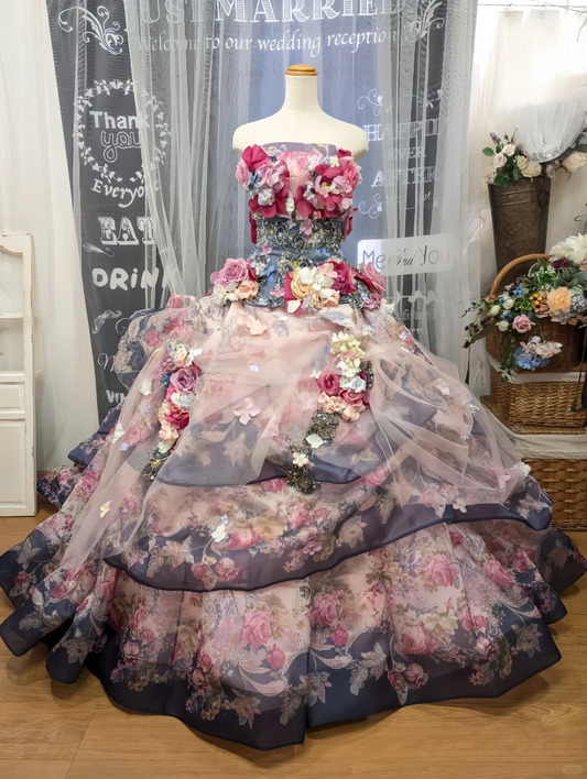 Glamorous Floral Strapless 3D Flower Tulle Sweet 15 Quinceanera Ball Gown TP5497