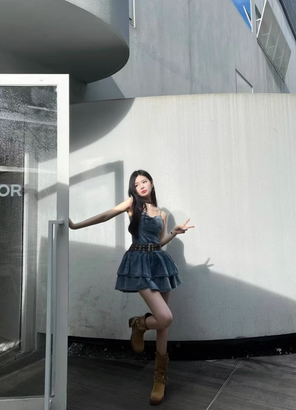 Vintage Ruffled Hem Design A-line High-waist Sleeveless Spaghetti Strap Denim Dress TP3257
