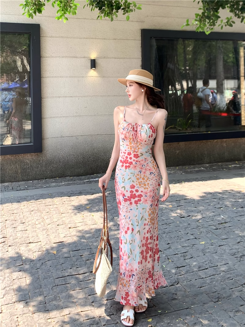 Vintage Fashion Floral Design Elegant Mermaid A-line Spaghetti Strap Dress TP3355