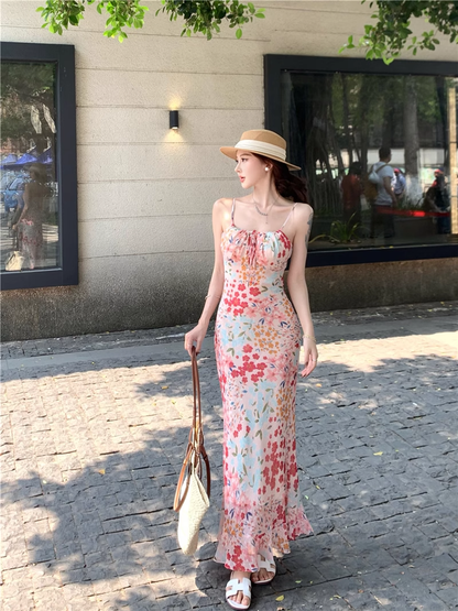 Vintage Fashion Floral Design Elegant Mermaid A-line Spaghetti Strap Dress TP3355