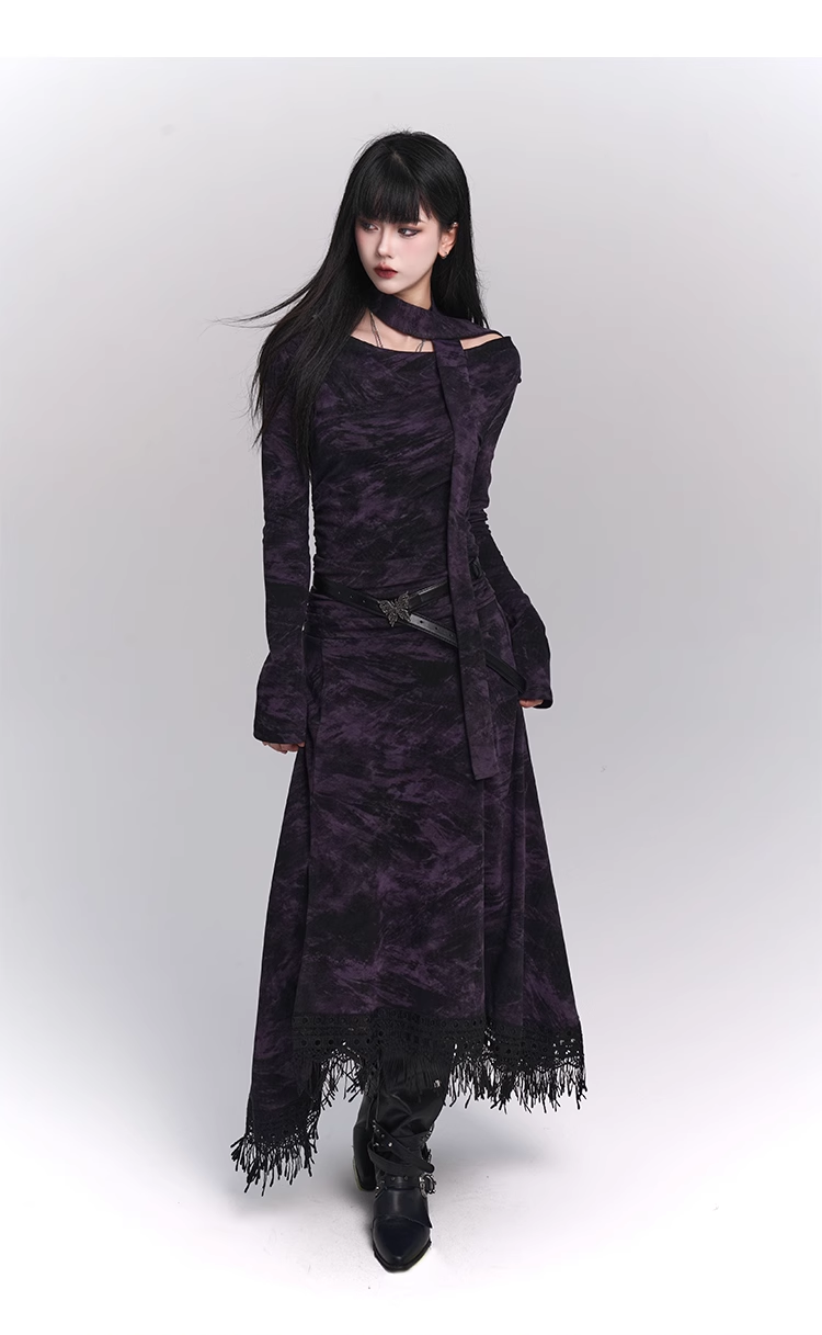 New Gothic Style Fashion Bell Sleeve Design Sense Long-sleeved Split Dress TP2932