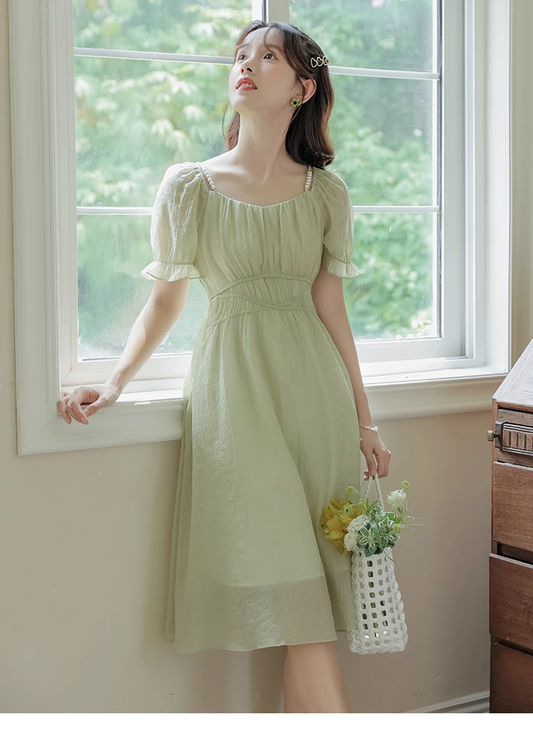 New Simple Fashion Green Short Sleeve Design A-Line Long Dress TP3044