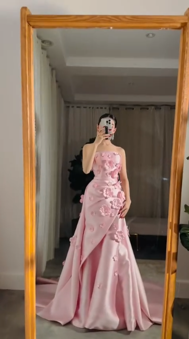 Vintage Pink Strapless Ball Gown 3D Floral Satin Prom Dress TP5572