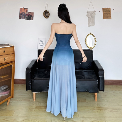 Simple Gradient Blue Sweetheart Strapless A-Line Summer Dresses Prom Dress Evening Dress TP4333