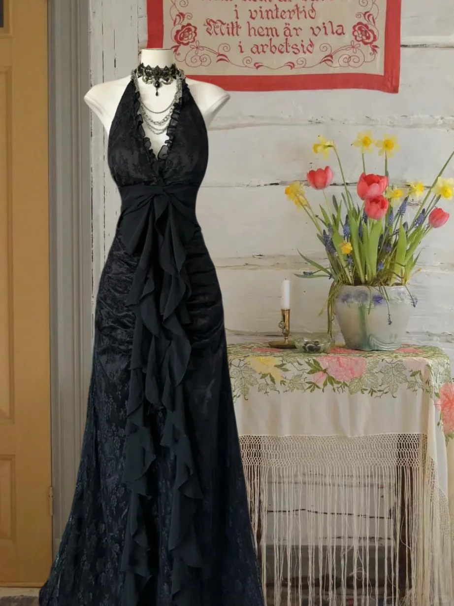 Vintage Black Halter-neck Lace Evening Gown A-Line Party Dress Long Formal Dress TP4895