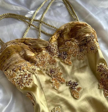 Vintage Golden Sweetheart Applique A-line Spaghetti Strap Evening Dress Prom Dresses TP3930