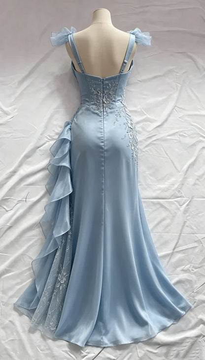Vintage Dusty Blue Satin Mermaid Sweetheart Spaghetti Strap 3D Floral Lace Applique High Slit Ruffle Prom Dress TP5892