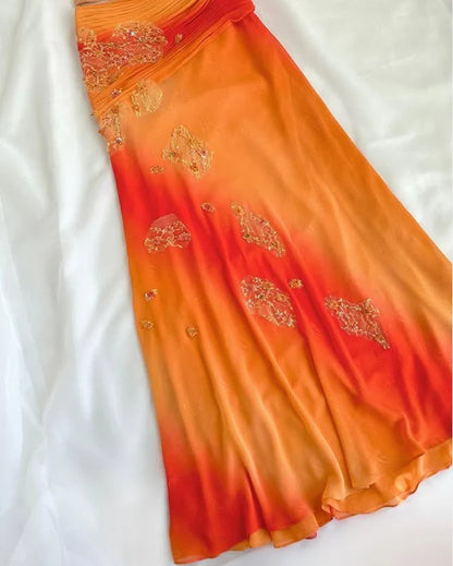 Vintage Orange Ombre Sweetheart A-Line Two Pieces Prom Dress Beaded Chiffon Spaghetti Strap Formal Dress TP4571