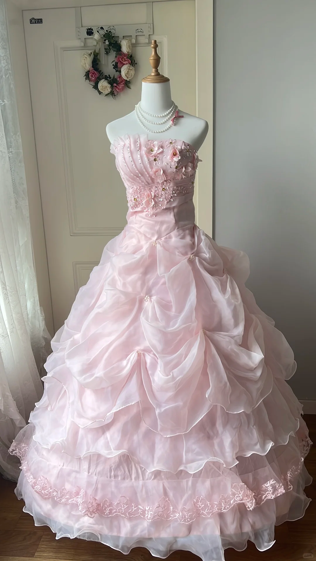 Glamorous Pink Strapless Floral Applique Lace Trim Sweet 15 Quinceanera Ball Gown TP5829