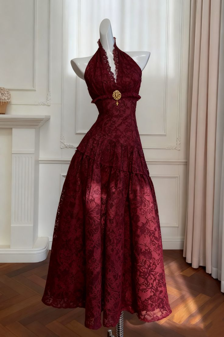 Vintage Burgundy Lace A-Line Halter Neck Midi Evening Gown TP5172