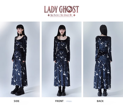 New Fashion Butterfly Pattern Design Sense Navy Blue Long-sleeved Dress TP2939