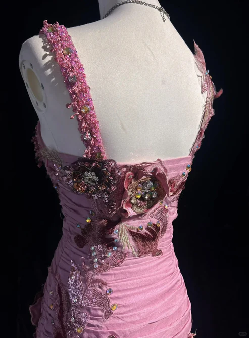 Glamorous Pink Floral Beaded Prom Dress Sheath Slit Evening Gown TP5166