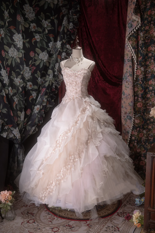Gorgeous Pink Spaghetti Strap Lace Applique Ruffled Tulle Formal Ball Gown TP5791