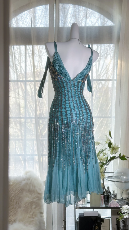 Elegant Blue Sparkling Beaded Spaghetti Strap V-neck Romantic Chiffon Evening Dress Prom Dresses TP3982