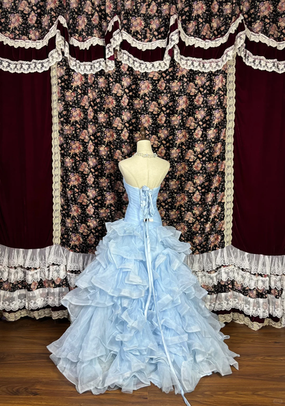 Enchanting Sky Blue Strapless Ruffled Tulle & Floral Applique Sweet 16 Quinceanera Ball Gown TP5338