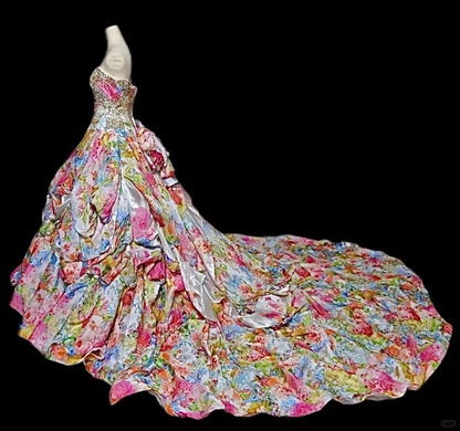 Glamorous Floral Print Strapless Sequin Ruffled Sweet 15 Quinceanera Ball Gown TP5494