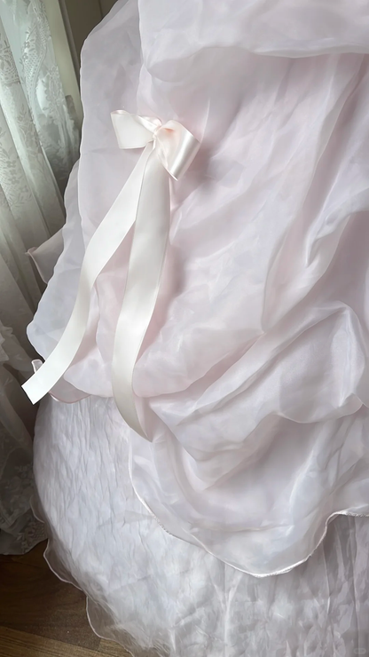 Glamorous Pink Off-the-Shoulder Lace Embroidered Bow Tiered Organza Ball Gown TP5830