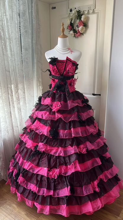 Glamorous Strapless Black & Hot Pink Tiered Rose Feather Applique Ball Gown TP5834