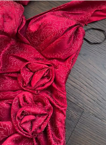Vintage Burgundy V-Neck Sleeveless Mermaid Ruched Waist Floral Prom Dress TP5848