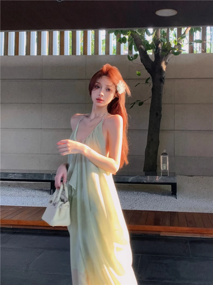 New Fashion Light Green Beach Holiday Casual Loose Halter Dress TP2998