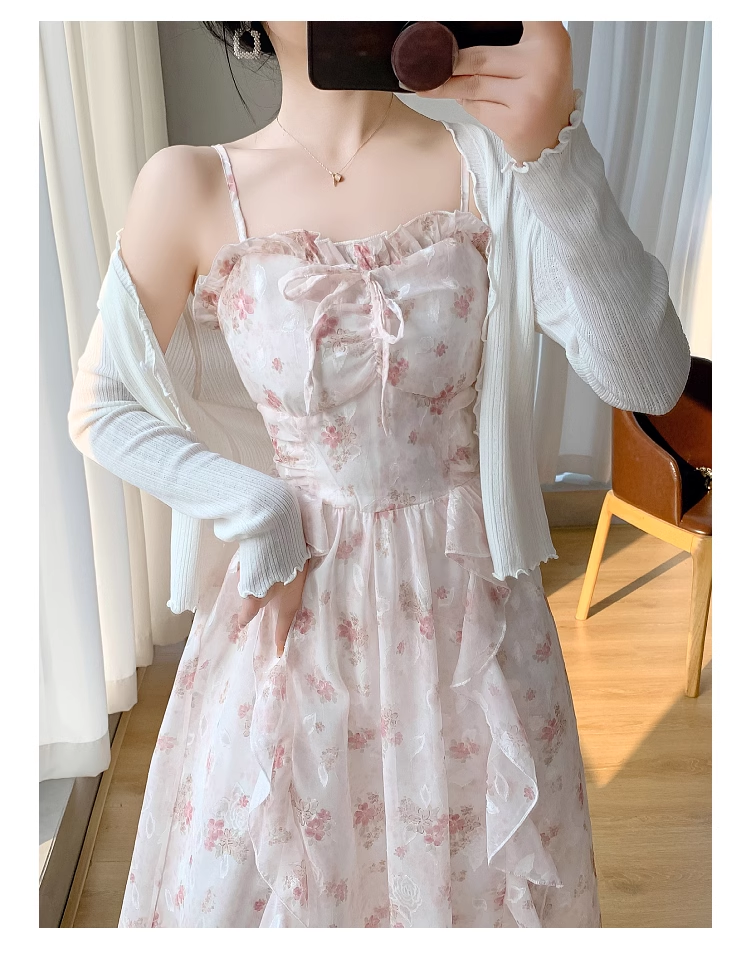 New Simple Elegant Cake Lace Design Cardigan Spaghetti Strap Dress TP3063