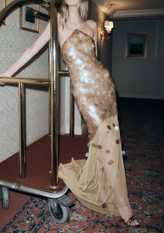 Elegant Golden Sparkling Sequin Sheath Evening Gown Halter-neck Party Dress Tulle Long Formal Dress TP4924