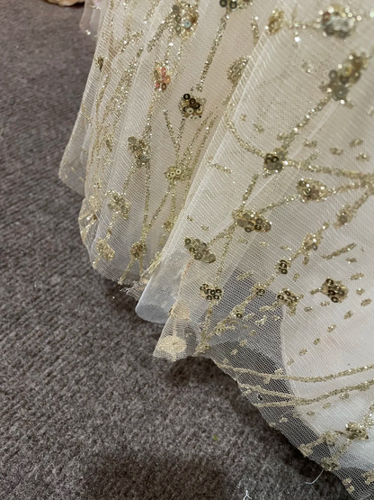 Glamorous Champagne Gold Sequin Off-Shoulder Beaded Tiered Tulle Sweet 15 Quinceanera Ball Gown TP5459