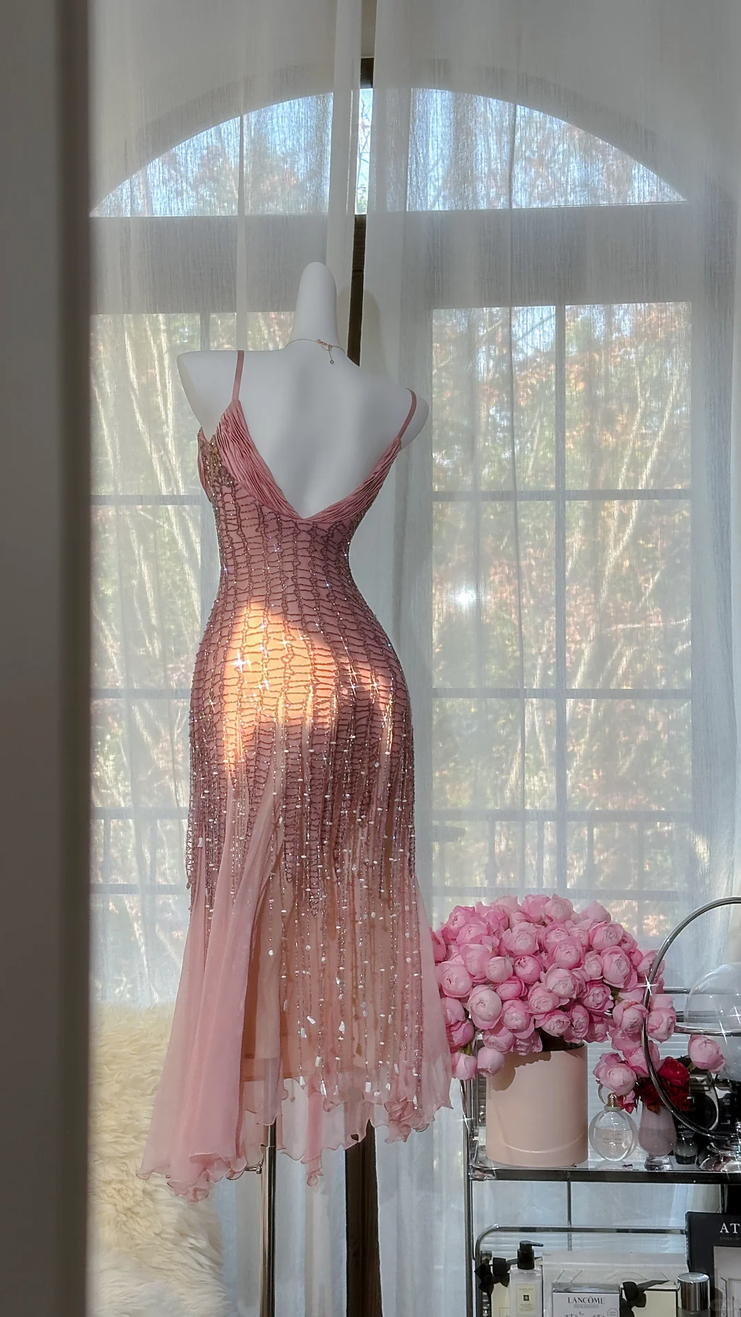 Vintage Blush Pink Spaghetti Strap V-Neck Mermaid Prom Dress Beaded Chiffon Evening Gown for Wedding Guest TP5742
