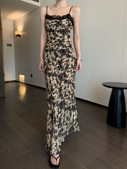 Simple Fashion Beige Floral Design A-line Beach Holiday Spaghetti Strap Dress TP3615