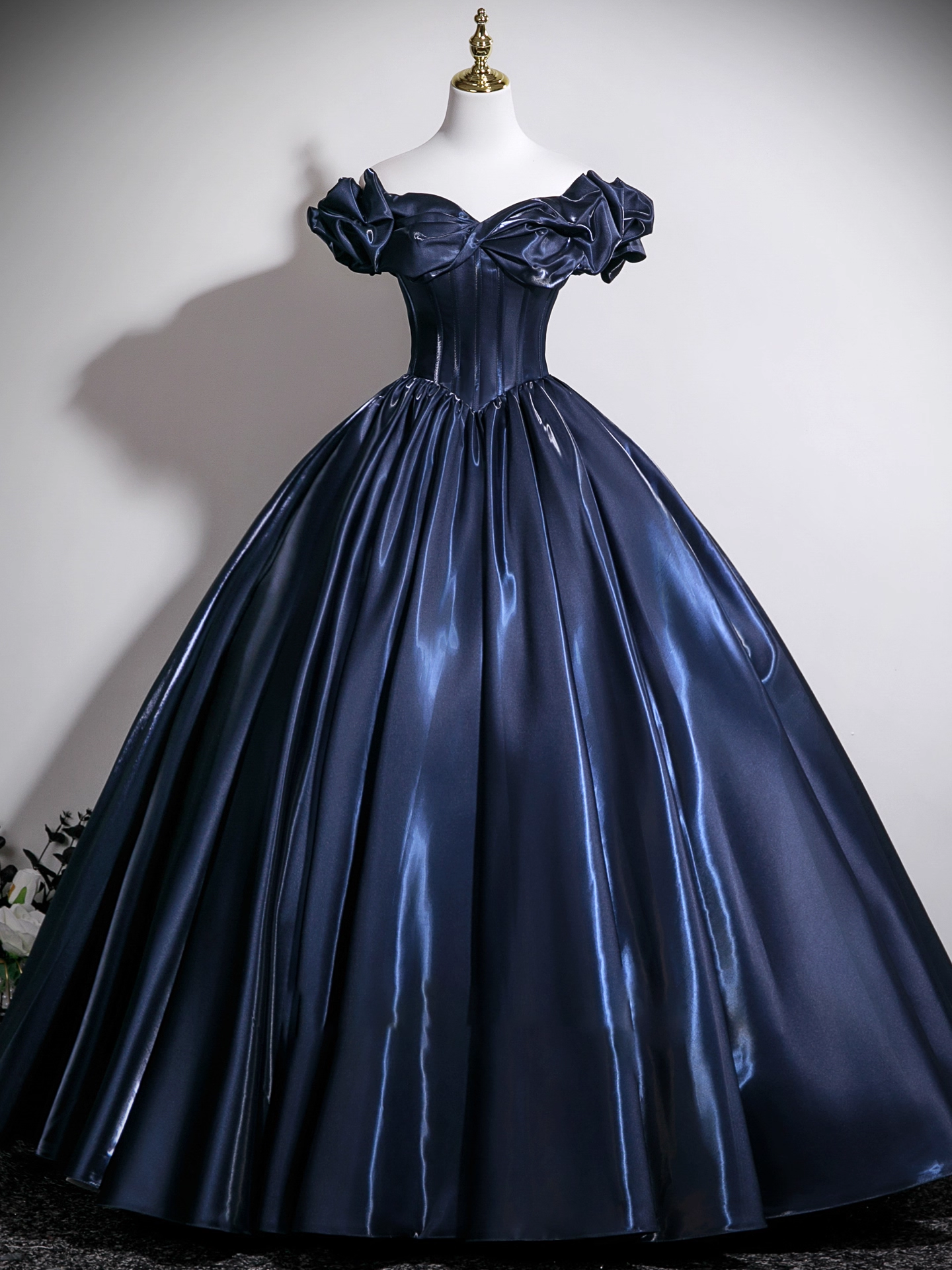 Gorgeous Navy Blue Satin Off-the-shoulder Sweet 16 Quinceanera A-Line Ruffled Evening Dress Ball Gown TP4914