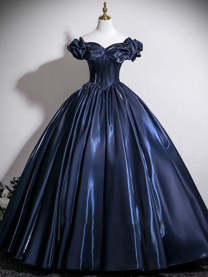 Gorgeous Navy Blue Satin Off-the-shoulder Sweet 16 Quinceanera A-Line Ruffled Evening Dress Ball Gown TP4914