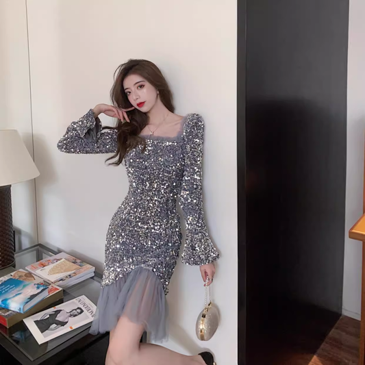 Vintage Elegant Sequins Design A-Line Square Neckline Mermaid Long-sleeved Dress TP3137