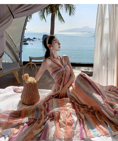 New Rainbow Stripe Design Beach Holiday Casual Halter Dress TP3012