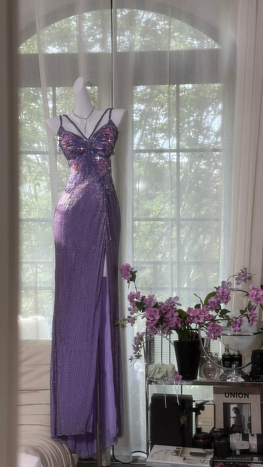 Vintage Gorgeous Purple V-neck Sparkling Romantic Luxury Spaghetti Strap Evening Dress Prom Dresses TP3957