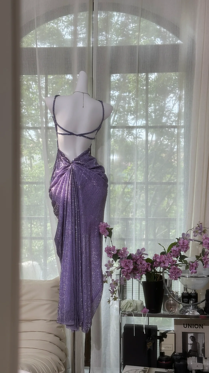 Vintage Gorgeous Purple V-neck Sparkling Romantic Luxury Spaghetti Strap Evening Dress Prom Dresses TP3957