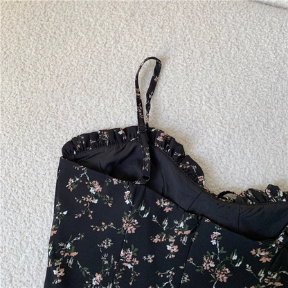 New Fashion Floral Design A-line Black High-waist Sleeveless Spaghetti Strap Dress TP3258