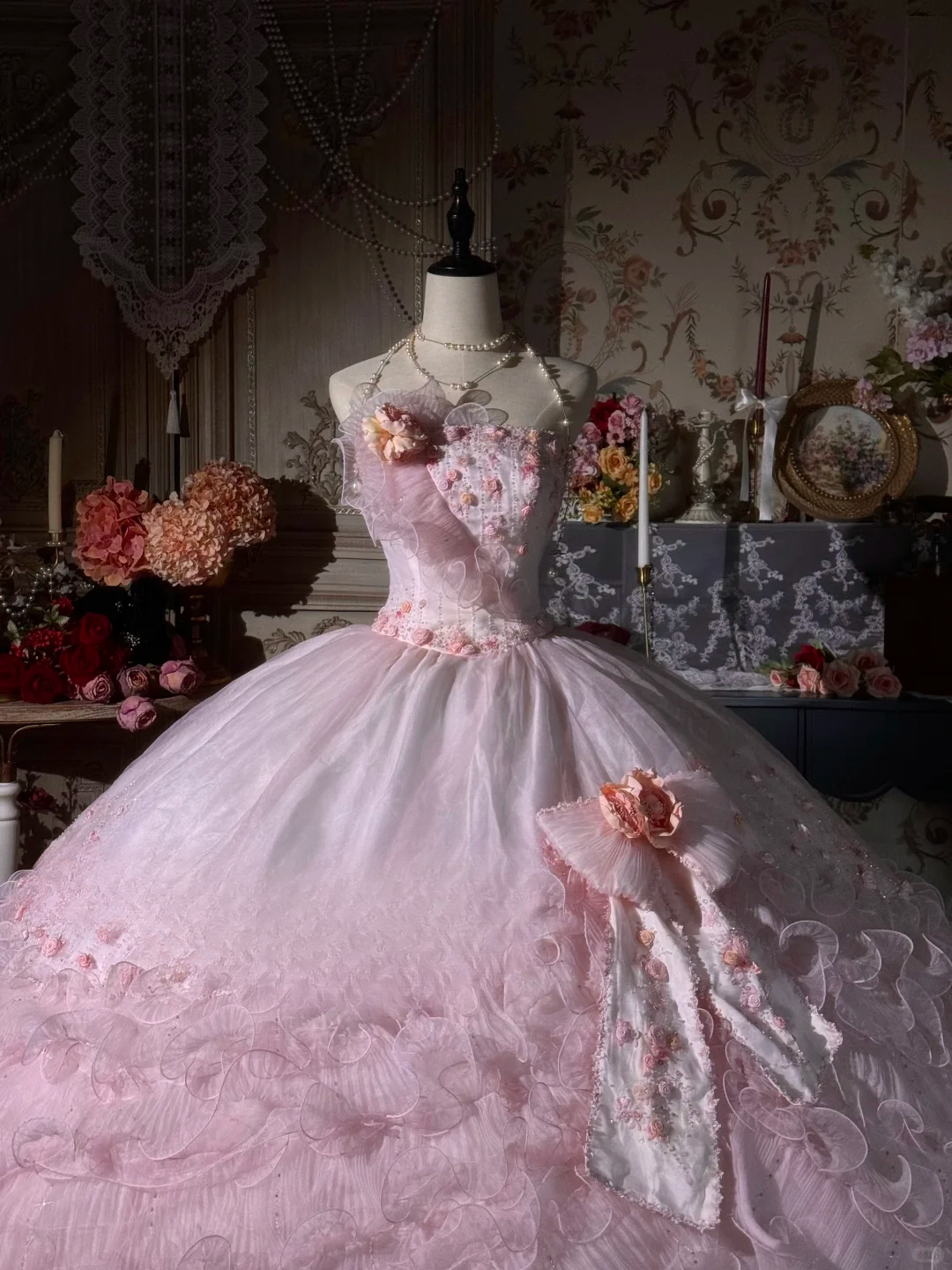 Vintage-Inspired Pink Floral Embellished Tulle Ball Gown Strapless Ruffled Quinceañera Formal Dress TP5116