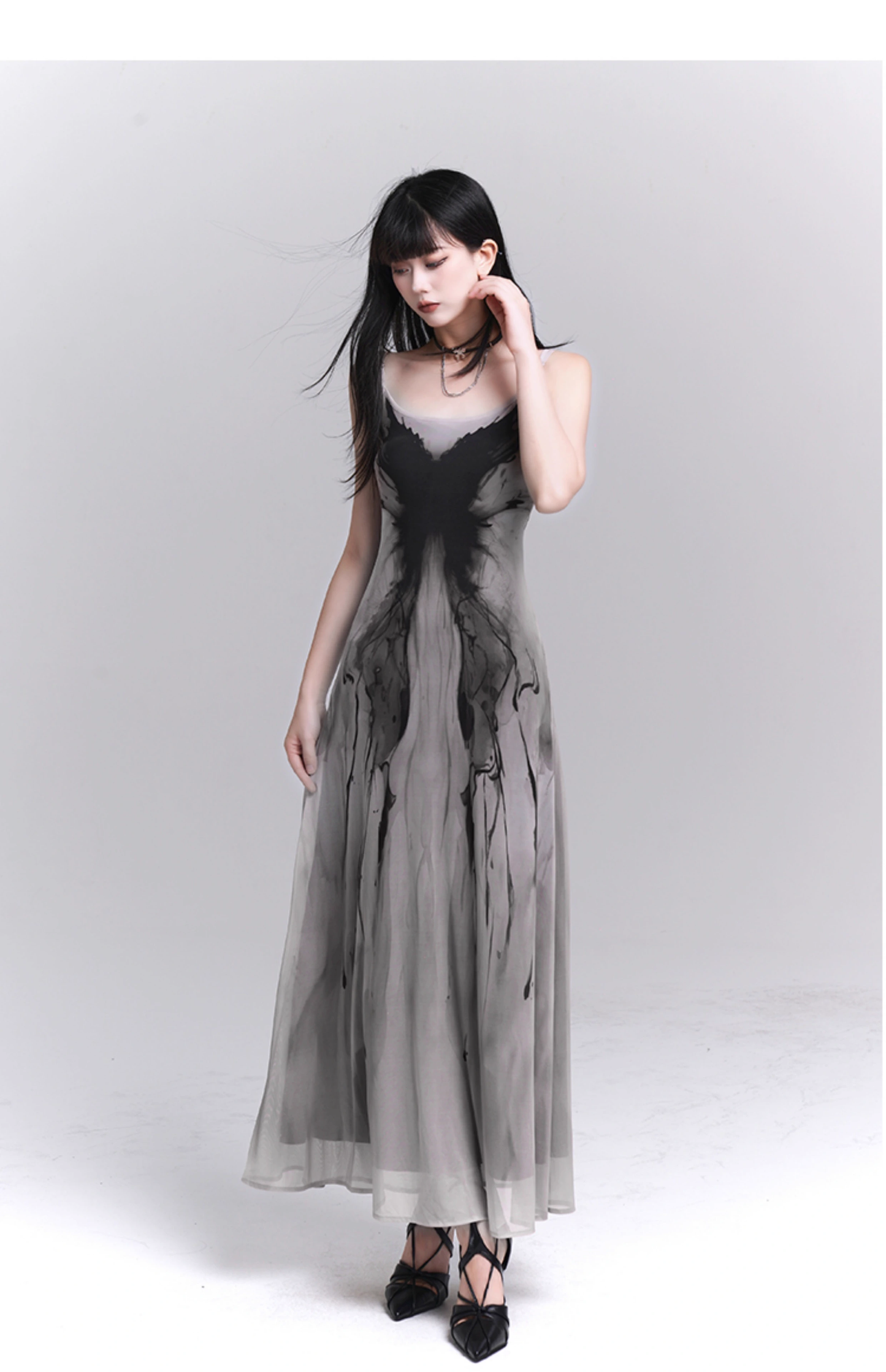 Women Fashion Design Sense Seaside Party Grey Spaghetti Strap Dress TP2918